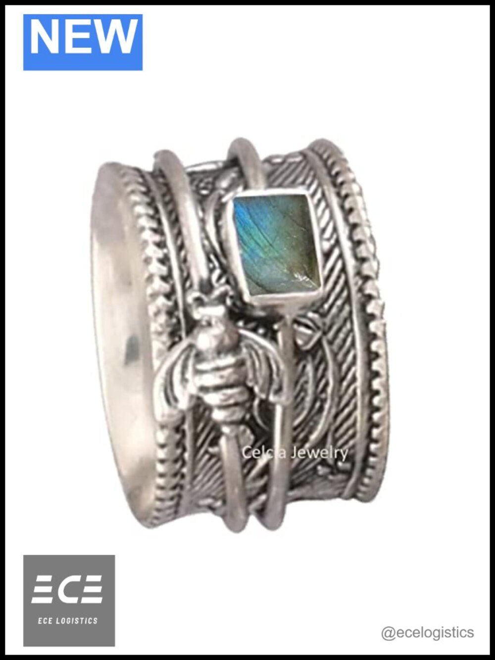 925 Sterling Silver Honey Bee Spinner Ring Natural Abalone Shell Meditation Ring